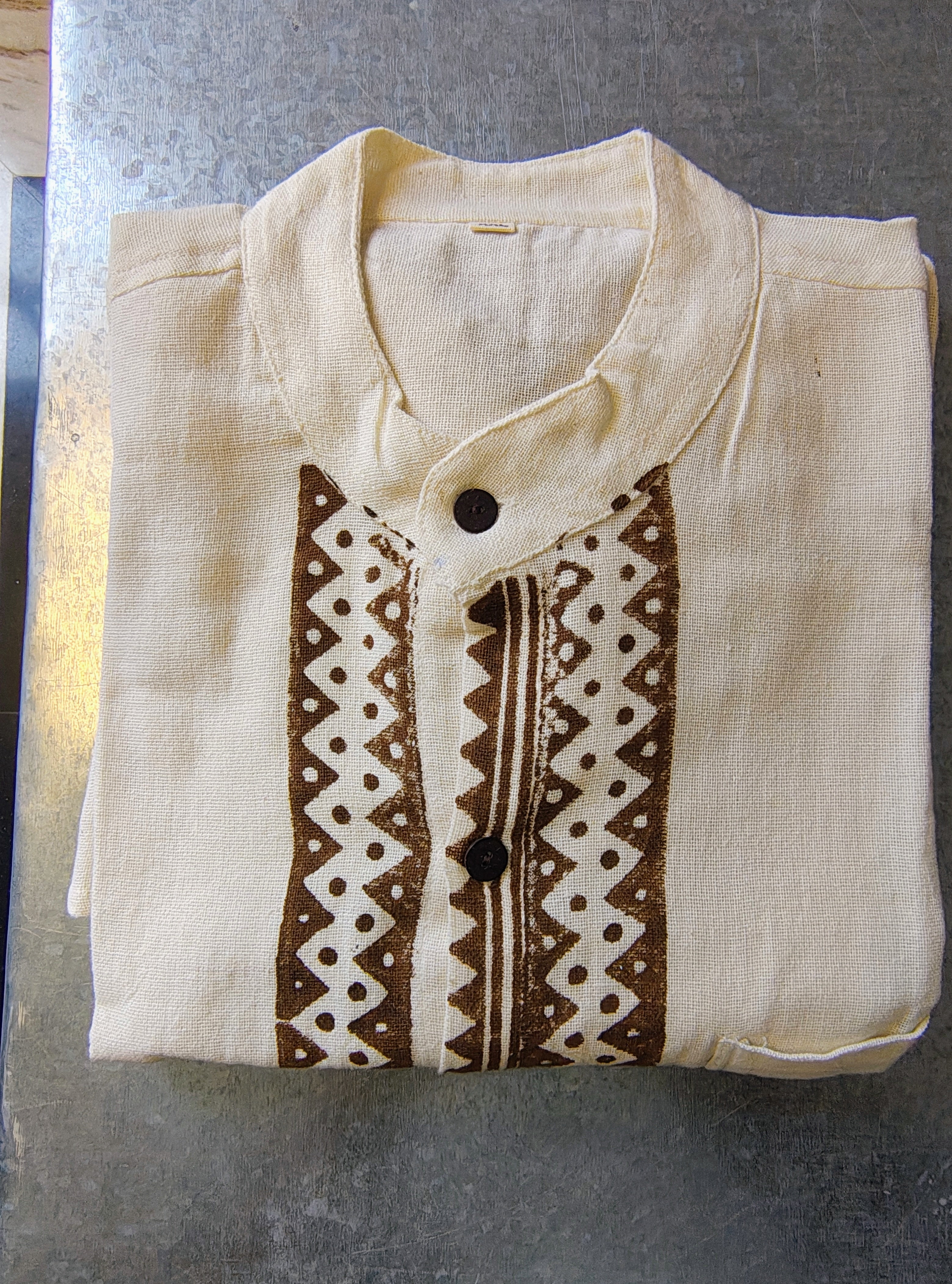 Bohemian Block Print Mandarin Collar Long Sleeve Men's 100% Cotton Shirt