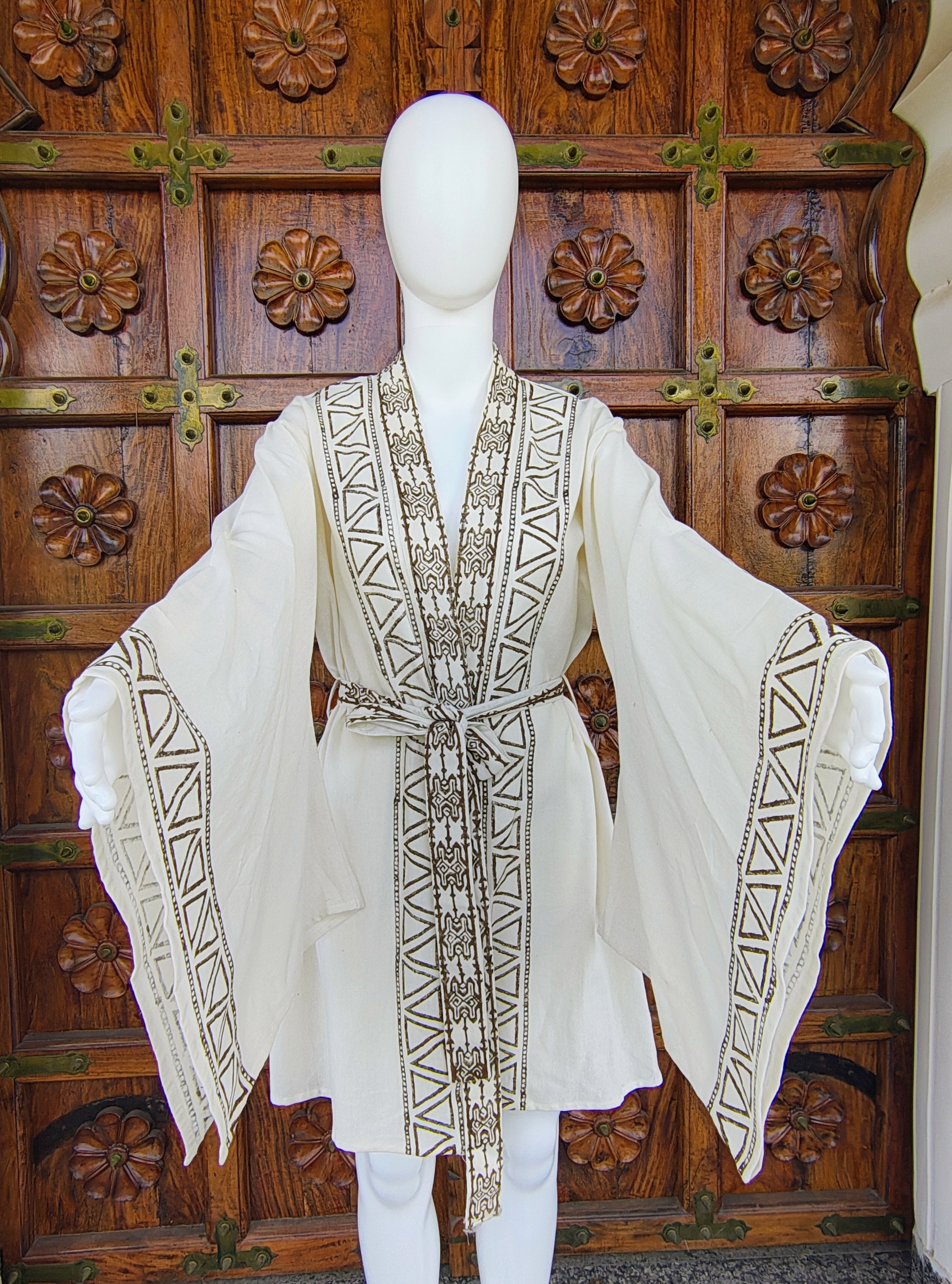 Batwing Sleeves V-neck Midi Length Embroidered Cotton Kimono