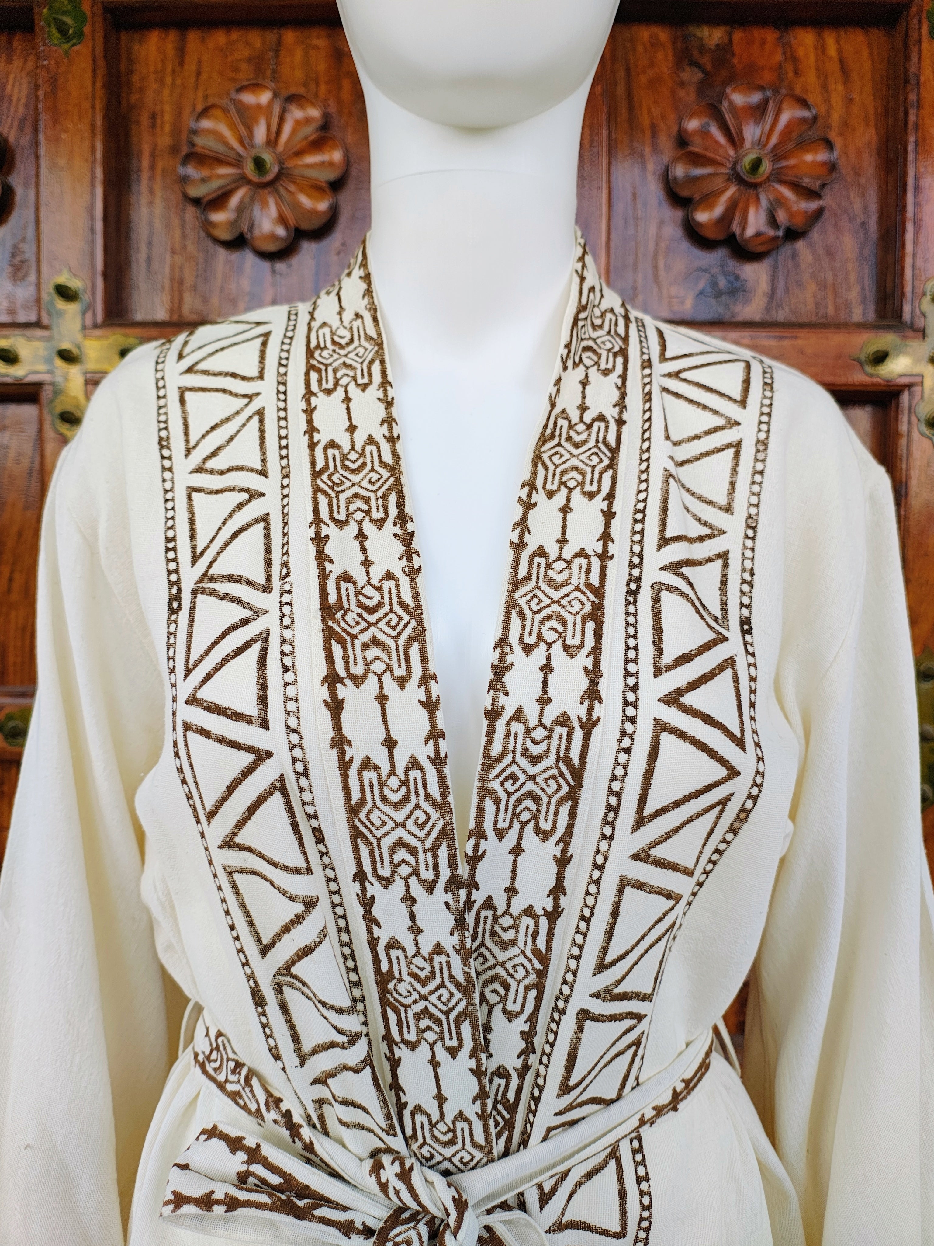 Batwing Sleeves V-neck Midi Length Embroidered Cotton Kimono